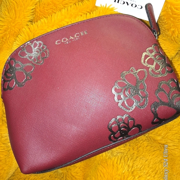 NWT Coach Burgundy Saffiano Leather Gold Flowers Dome Cosmetic Makeup Bag - Picture 4 of 9